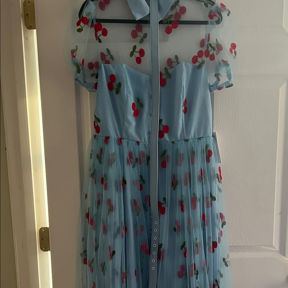 Unique Vintage Blue Dress with Cherry Pattern - Picture 6 of 6